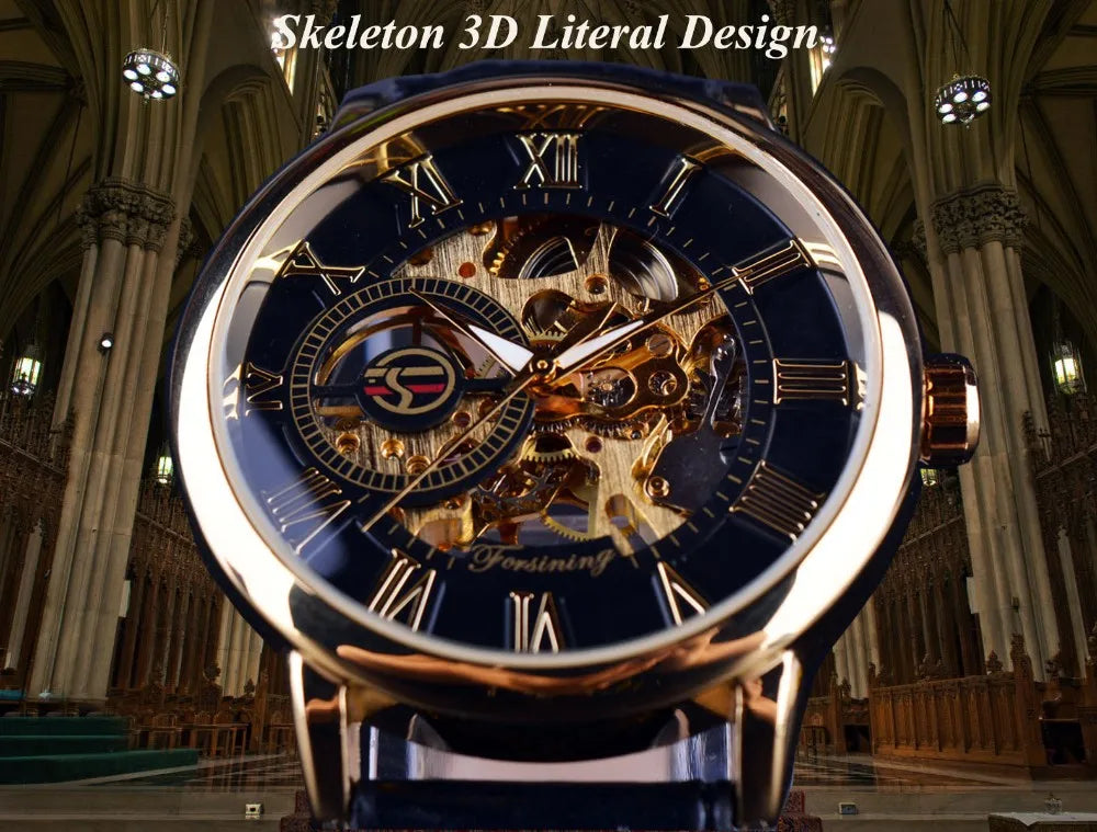 Forsining Men Watches Top Brand Luxury Mechanical Skeleton Watch Black Golden 3D Literal Design Roman Number Black Dial Designer