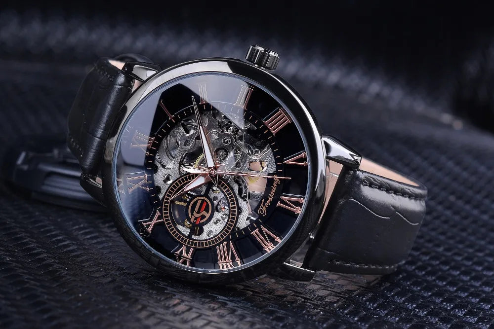 Forsining Men Watches Top Brand Luxury Mechanical Skeleton Watch Black Golden 3D Literal Design Roman Number Black Dial Designer