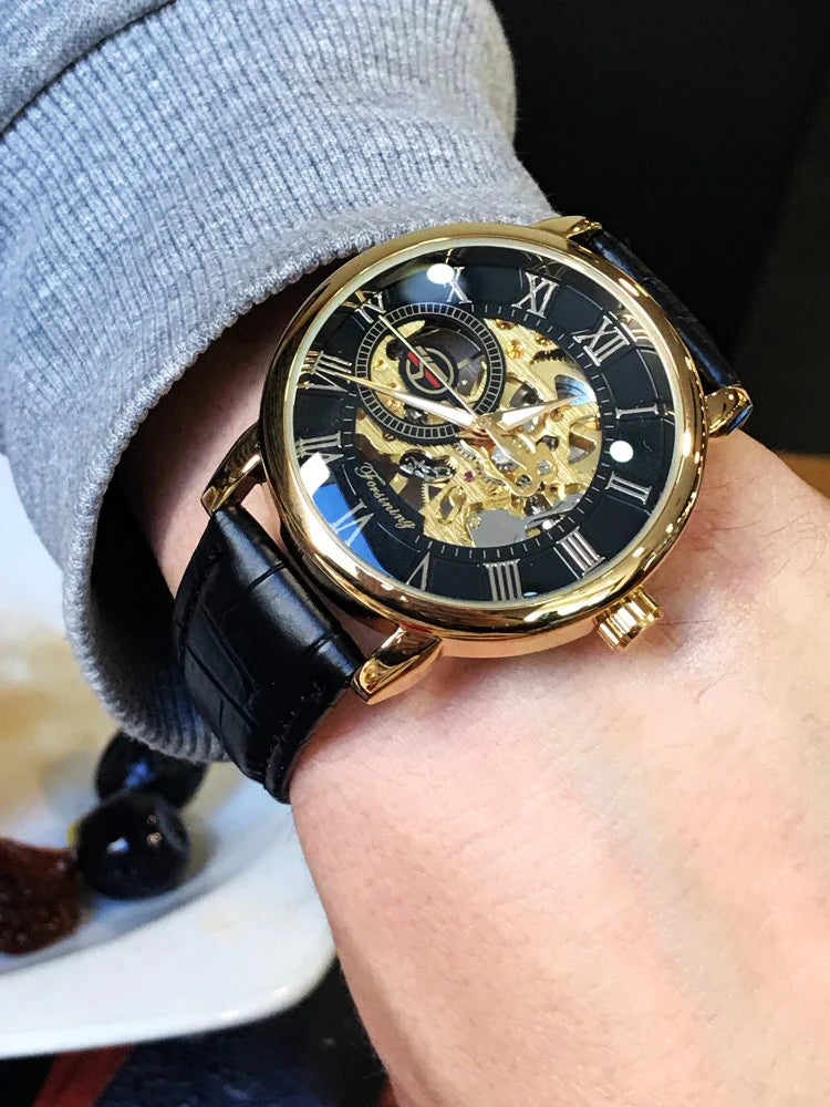 Forsining Men Watches Top Brand Luxury Mechanical Skeleton Watch Black Golden 3D Literal Design Roman Number Black Dial Designer