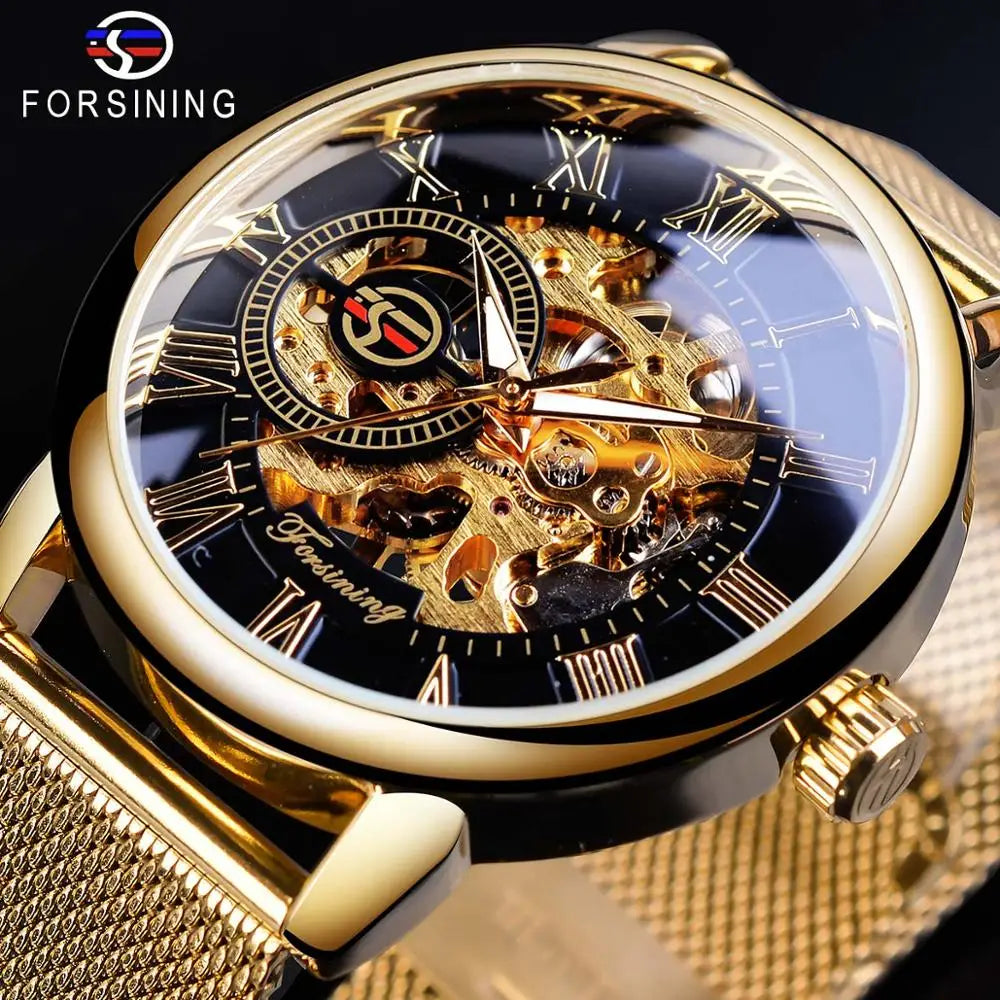 Forsining Transparent Case 2017 Fashion 3D Logo Engraving Golden Stainless Steel Men Mechanical Watch Top Brand Luxury Skeleton