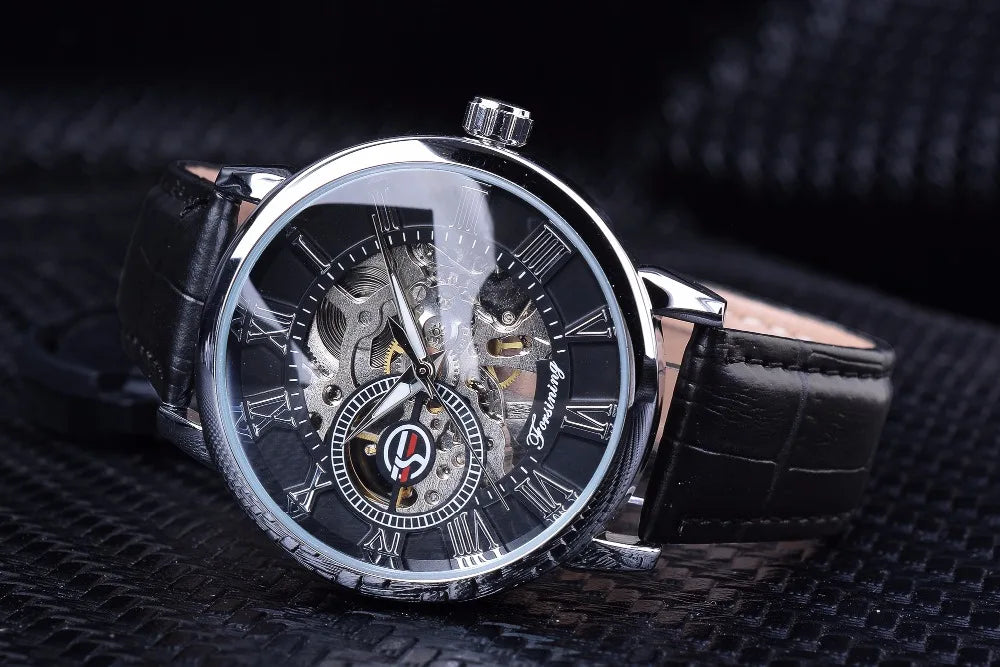 Forsining Men Watches Top Brand Luxury Mechanical Skeleton Watch Black Golden 3D Literal Design Roman Number Black Dial Designer