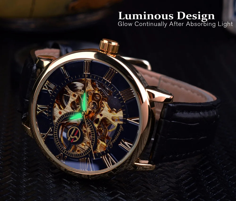 Forsining Men Watches Top Brand Luxury Mechanical Skeleton Watch Black Golden 3D Literal Design Roman Number Black Dial Designer