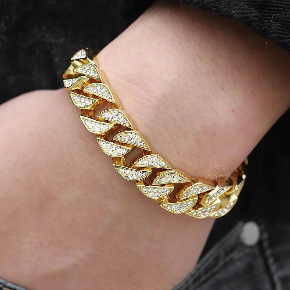 Miami Curb Cuban Chain Bracelet For Men Gold Color Hip Hop Men's Bracelet Male Jewelry Gifts  13.5/14/15mm GB452