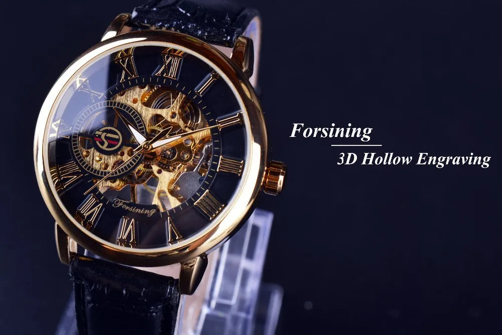 Forsining Men Watches Top Brand Luxury Mechanical Skeleton Watch Black Golden 3D Literal Design Roman Number Black Dial Designer