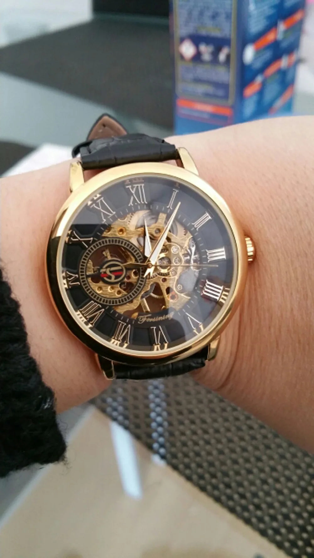 Forsining Men Watches Top Brand Luxury Mechanical Skeleton Watch Black Golden 3D Literal Design Roman Number Black Dial Designer