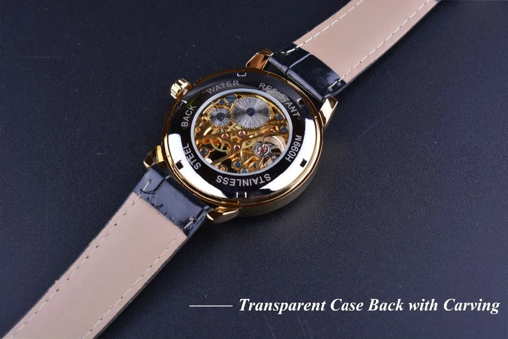 Forsining Men Watches Top Brand Luxury Mechanical Skeleton Watch Black Golden 3D Literal Design Roman Number Black Dial Designer