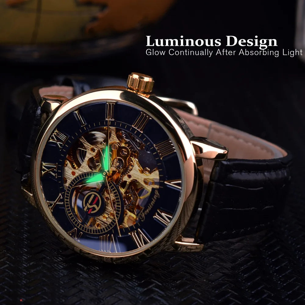 Forsining Men Watches Top Brand Luxury Mechanical Skeleton Watch Black Golden 3D Literal Design Roman Number Black Dial Designer