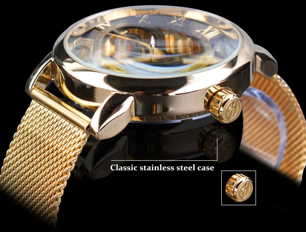 Forsining Transparent Case 2017 Fashion 3D Logo Engraving Golden Stainless Steel Men Mechanical Watch Top Brand Luxury Skeleton