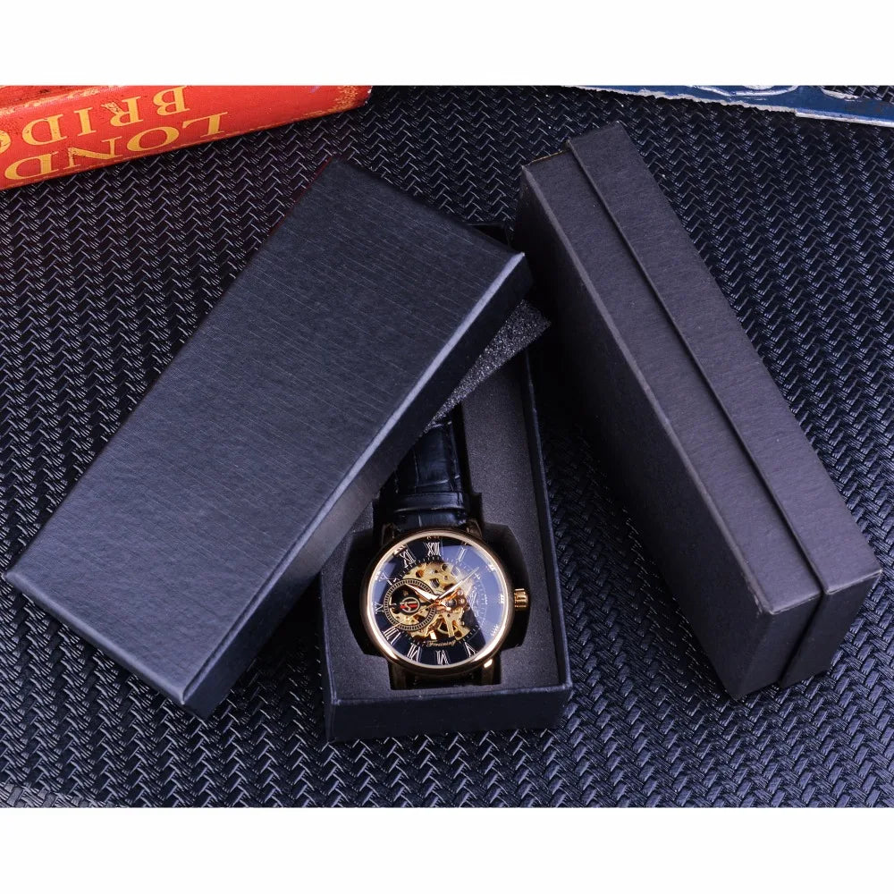 Forsining Men Watches Top Brand Luxury Mechanical Skeleton Watch Black Golden 3D Literal Design Roman Number Black Dial Designer