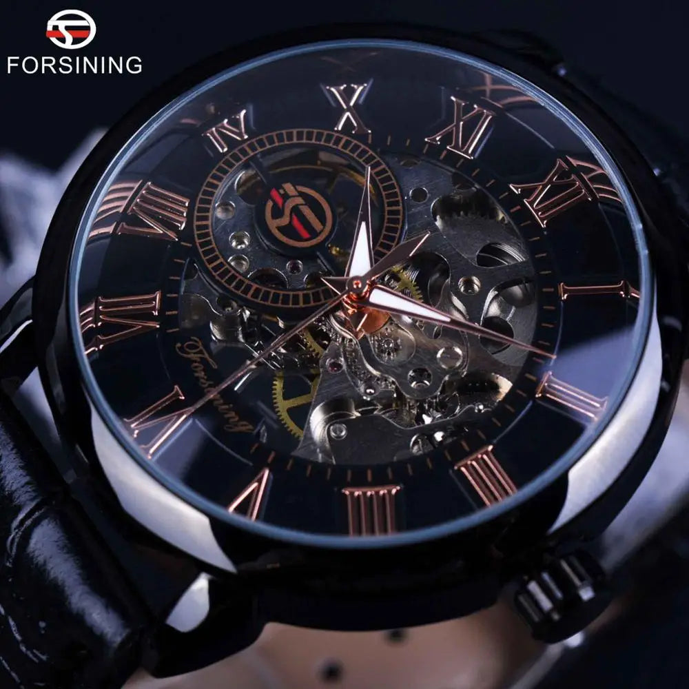 Forsining Men Watches Top Brand Luxury Mechanical Skeleton Watch Black Golden 3D Literal Design Roman Number Black Dial Designer