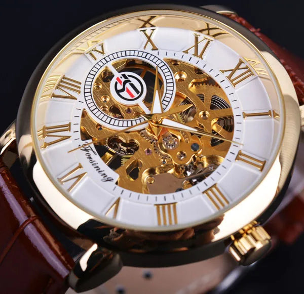 Forsining Men Watches Top Brand Luxury Mechanical Skeleton Watch Black Golden 3D Literal Design Roman Number Black Dial Designer