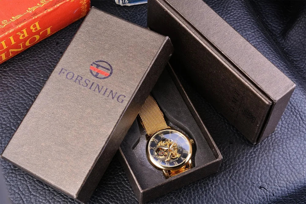 Forsining Transparent Case 2017 Fashion 3D Logo Engraving Golden Stainless Steel Men Mechanical Watch Top Brand Luxury Skeleton