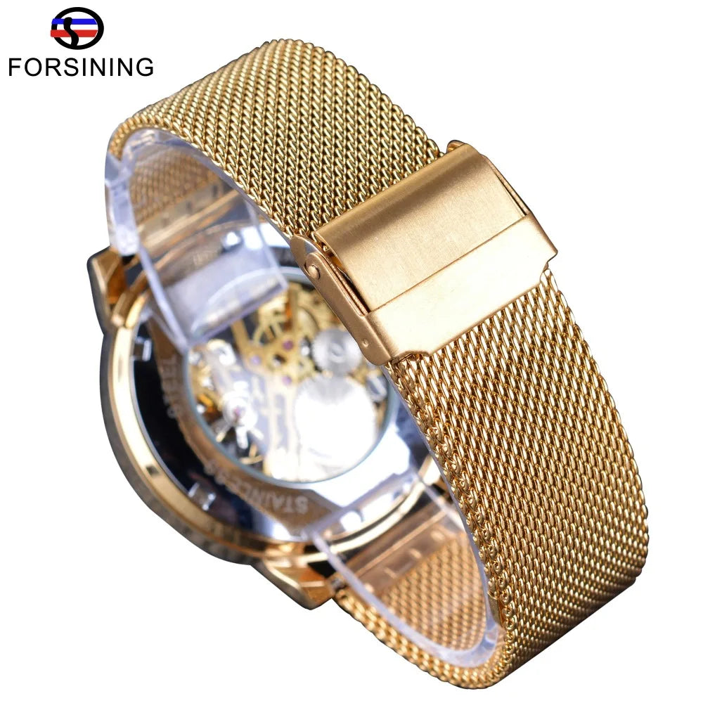 Forsining Transparent Case 2017 Fashion 3D Logo Engraving Golden Stainless Steel Men Mechanical Watch Top Brand Luxury Skeleton