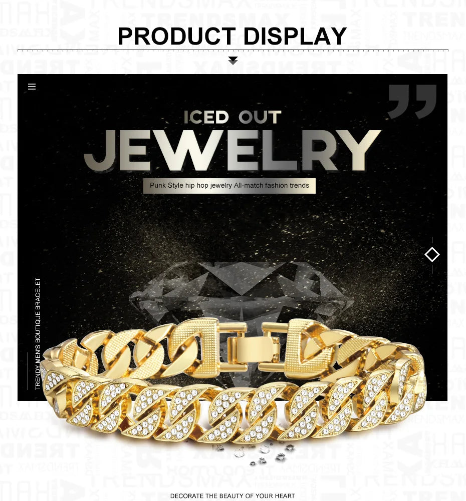 Miami Curb Cuban Chain Bracelet For Men Gold Color Hip Hop Men's Bracelet Male Jewelry Gifts  13.5/14/15mm GB452