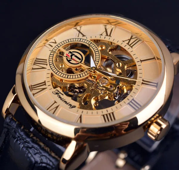 Forsining Men Watches Top Brand Luxury Mechanical Skeleton Watch Black Golden 3D Literal Design Roman Number Black Dial Designer