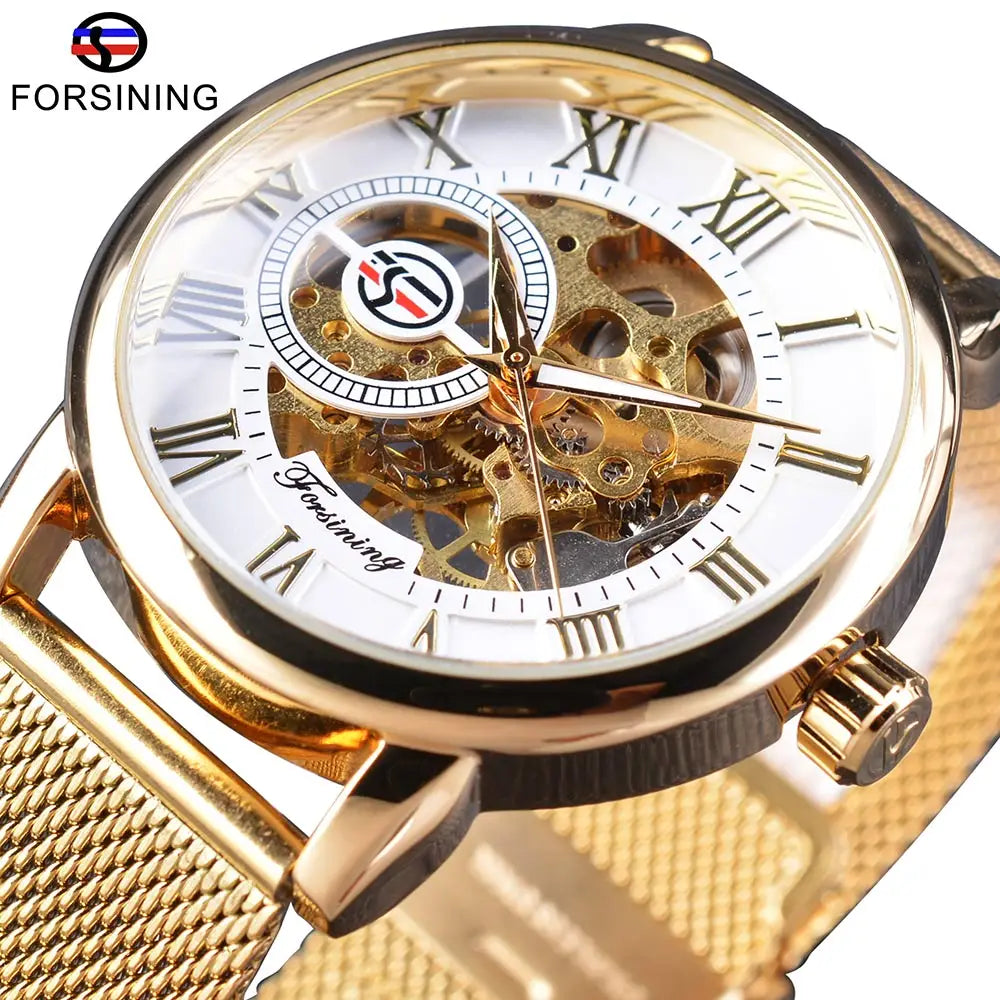 Forsining Transparent Case 2017 Fashion 3D Logo Engraving Golden Stainless Steel Men Mechanical Watch Top Brand Luxury Skeleton