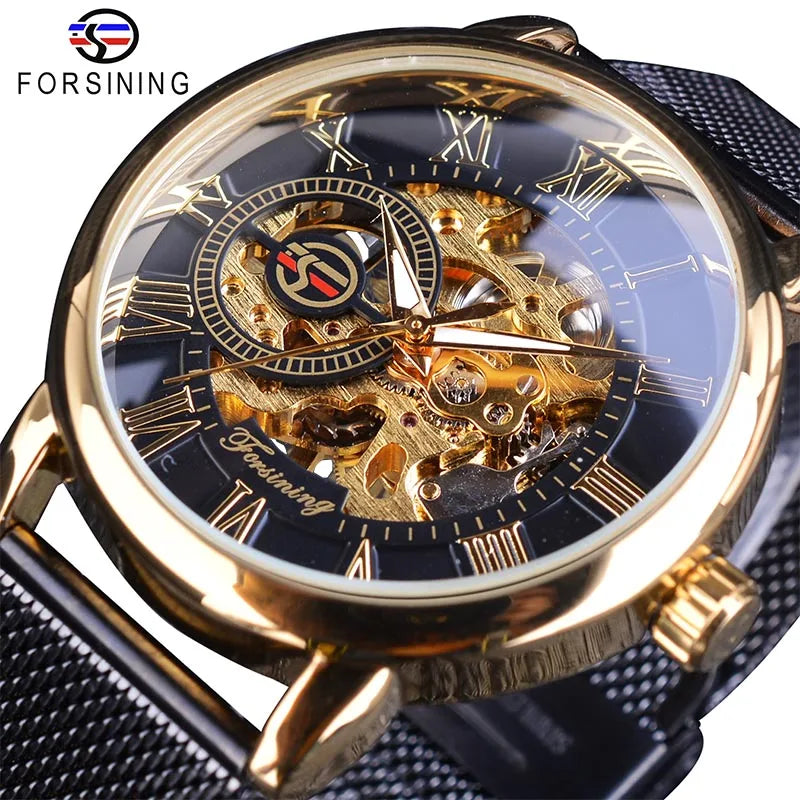 Forsining Transparent Case 2017 Fashion 3D Logo Engraving Golden Stainless Steel Men Mechanical Watch Top Brand Luxury Skeleton