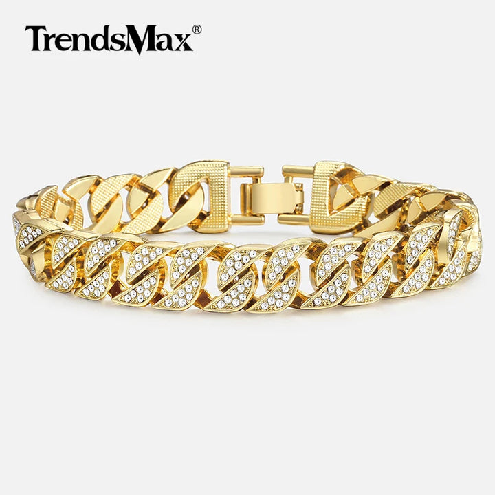 Miami Curb Cuban Chain Bracelet For Men Gold Color Hip Hop Men's Bracelet Male Jewelry Gifts  13.5/14/15mm GB452