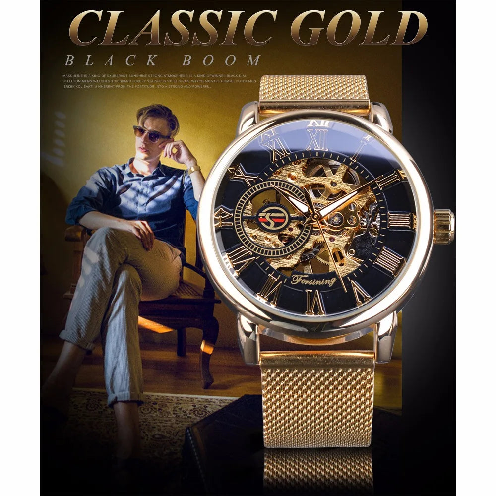 Forsining Transparent Case 2017 Fashion 3D Logo Engraving Golden Stainless Steel Men Mechanical Watch Top Brand Luxury Skeleton