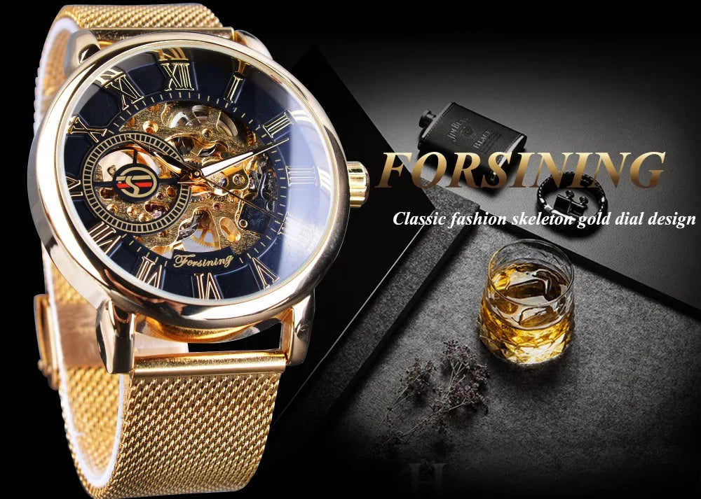 Forsining Transparent Case 2017 Fashion 3D Logo Engraving Golden Stainless Steel Men Mechanical Watch Top Brand Luxury Skeleton