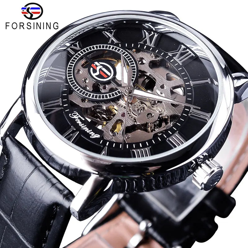 Forsining Men Watches Top Brand Luxury Mechanical Skeleton Watch Black Golden 3D Literal Design Roman Number Black Dial Designer