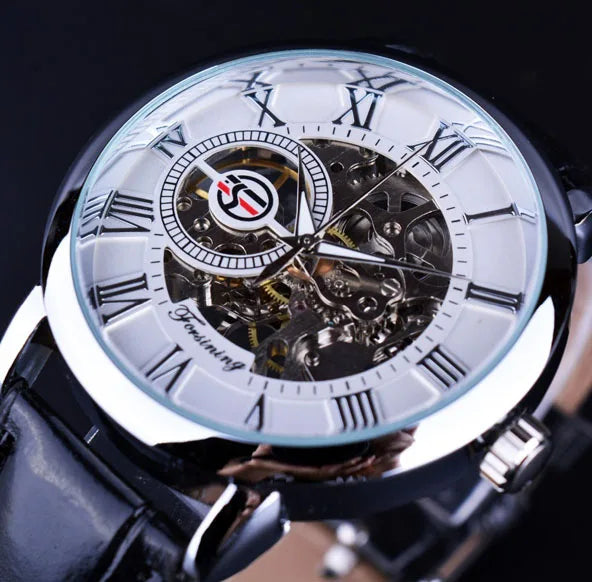 Forsining Men Watches Top Brand Luxury Mechanical Skeleton Watch Black Golden 3D Literal Design Roman Number Black Dial Designer