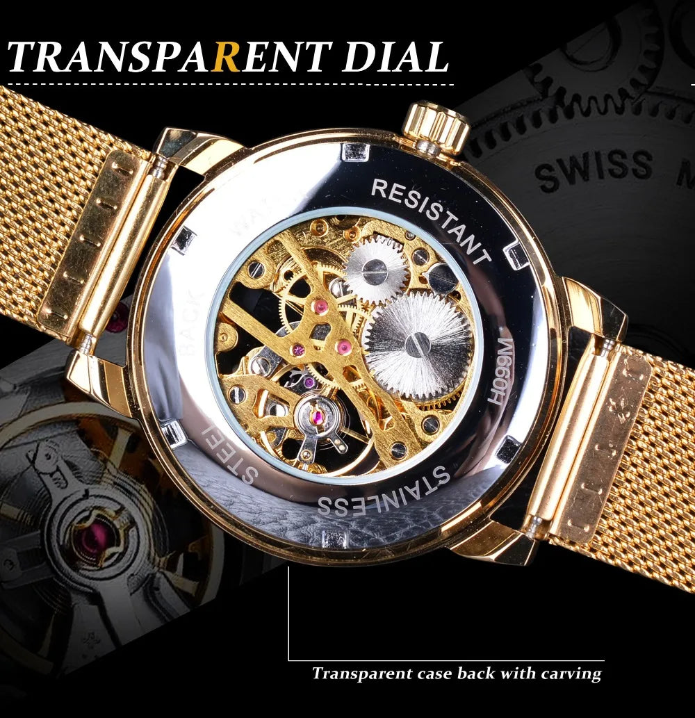 Forsining Transparent Case 2017 Fashion 3D Logo Engraving Golden Stainless Steel Men Mechanical Watch Top Brand Luxury Skeleton