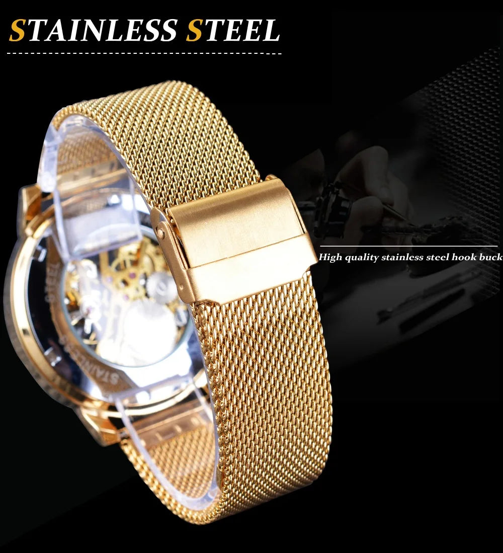 Forsining Transparent Case 2017 Fashion 3D Logo Engraving Golden Stainless Steel Men Mechanical Watch Top Brand Luxury Skeleton