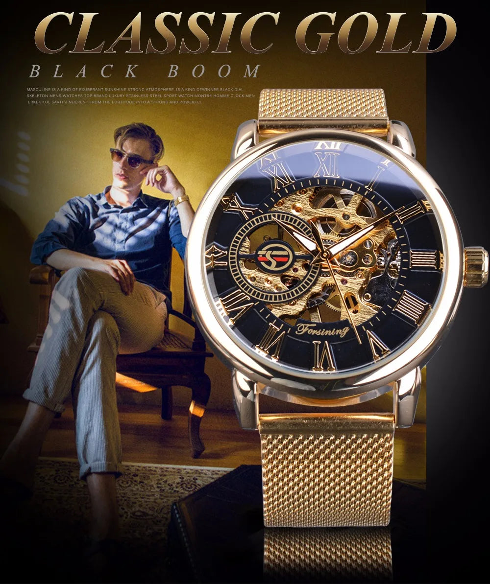 Forsining Transparent Case 2017 Fashion 3D Logo Engraving Golden Stainless Steel Men Mechanical Watch Top Brand Luxury Skeleton