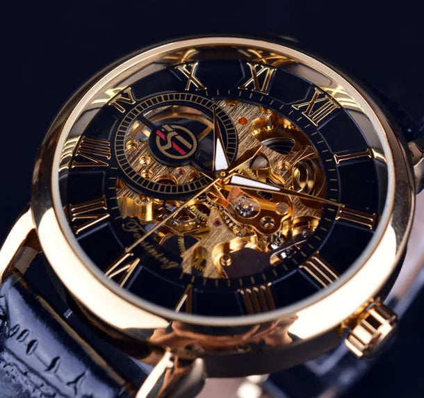 Forsining Men Watches Top Brand Luxury Mechanical Skeleton Watch Black Golden 3D Literal Design Roman Number Black Dial Designer