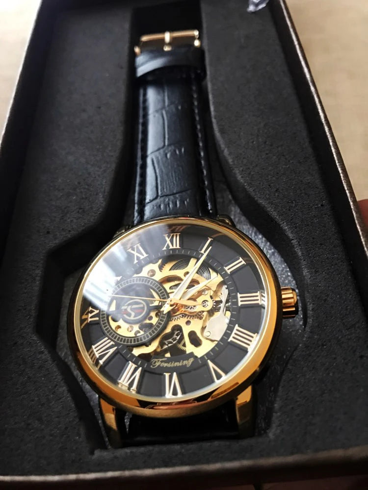 Forsining Men Watches Top Brand Luxury Mechanical Skeleton Watch Black Golden 3D Literal Design Roman Number Black Dial Designer