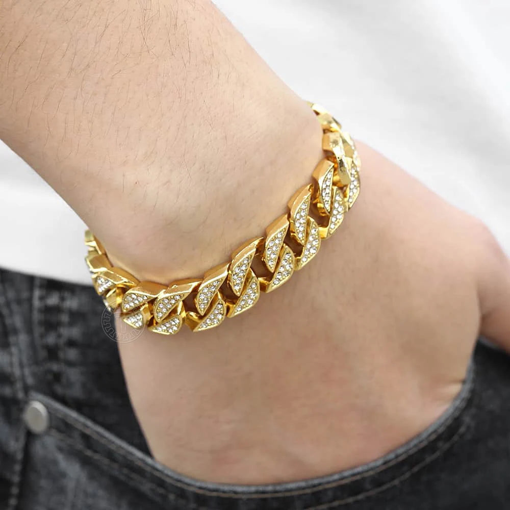 Miami Curb Cuban Chain Bracelet For Men Gold Color Hip Hop Men's Bracelet Male Jewelry Gifts  13.5/14/15mm GB452